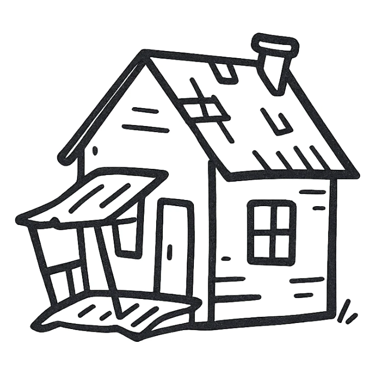 shabby house, hand drawn black outline style, sagging porch, missing shingles sticker