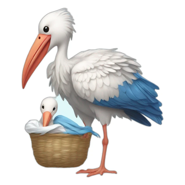 White stork carrying a blue bundle of cloth in its beak that has a human person cute baby with and the human baby head is peeking from the fabric bundle the strok is carrying with its beak sticker