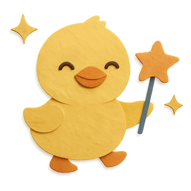 duckling with a star-shaped lollipop, surrounded by sparkles, paper-craft style sticker