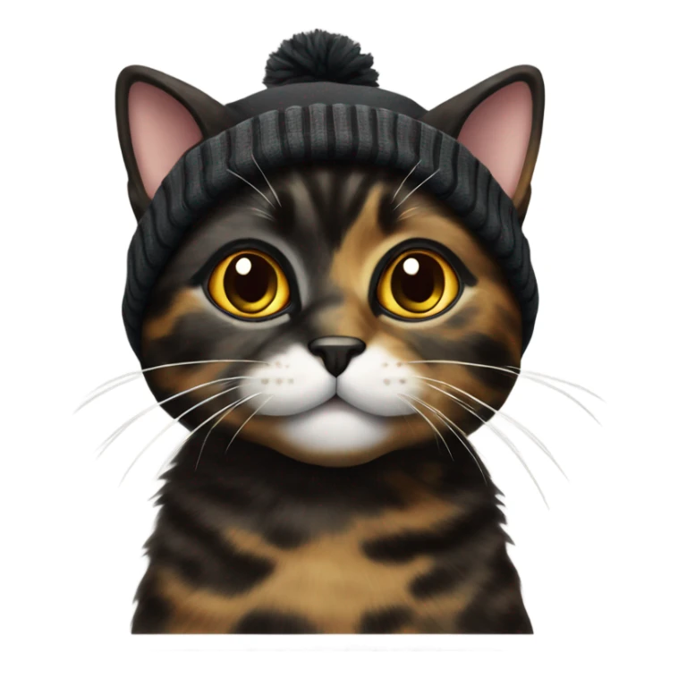 Mainly black tortie cat wearing a beanie sticker