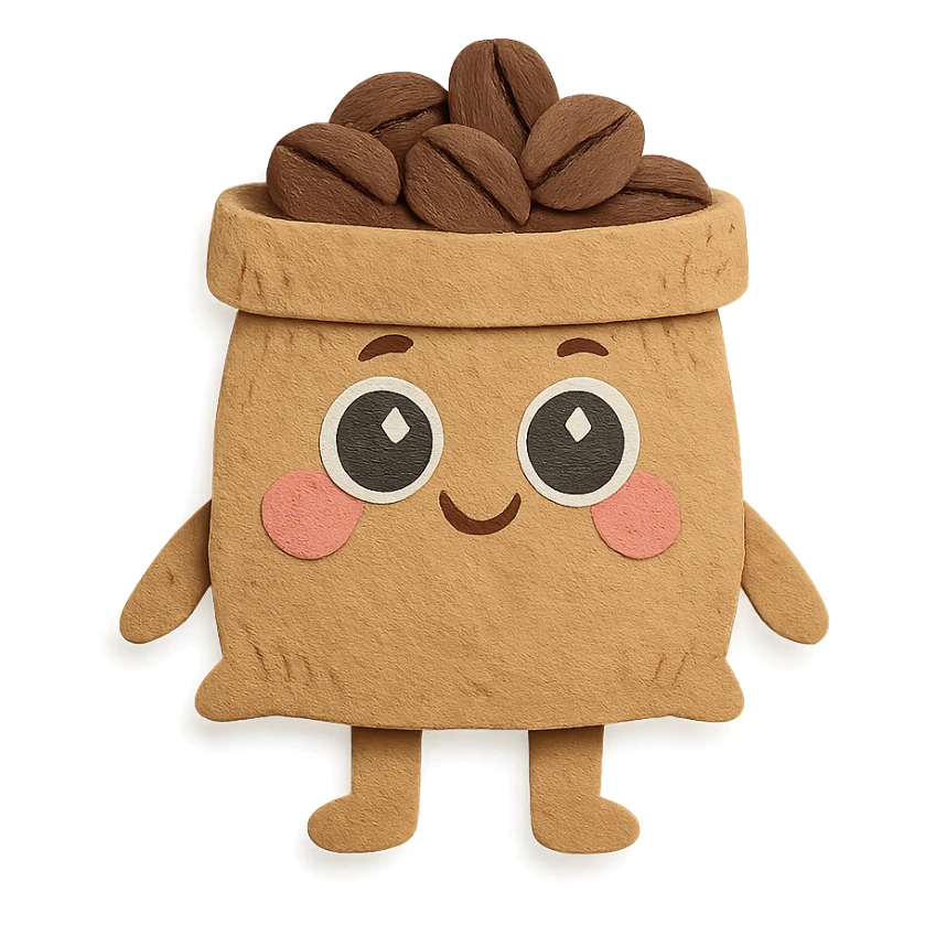burlap coffee bean bag, full body, big sparkling eyes, soft pastel hand-drawn style sticker