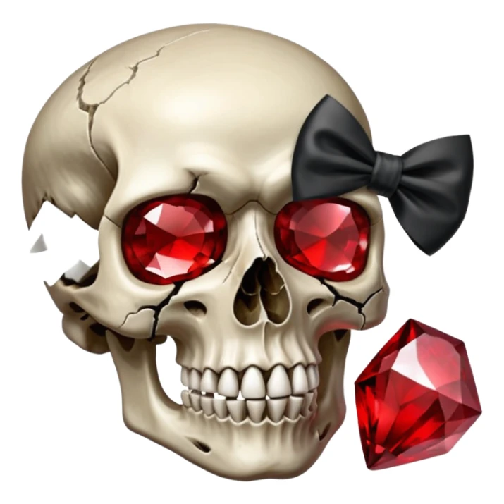 make me a red crystal skull partly see thew super gem like make it realistic and held together by a big black bow super realistic skull cracking all over the eyes are black and rotting  sticker