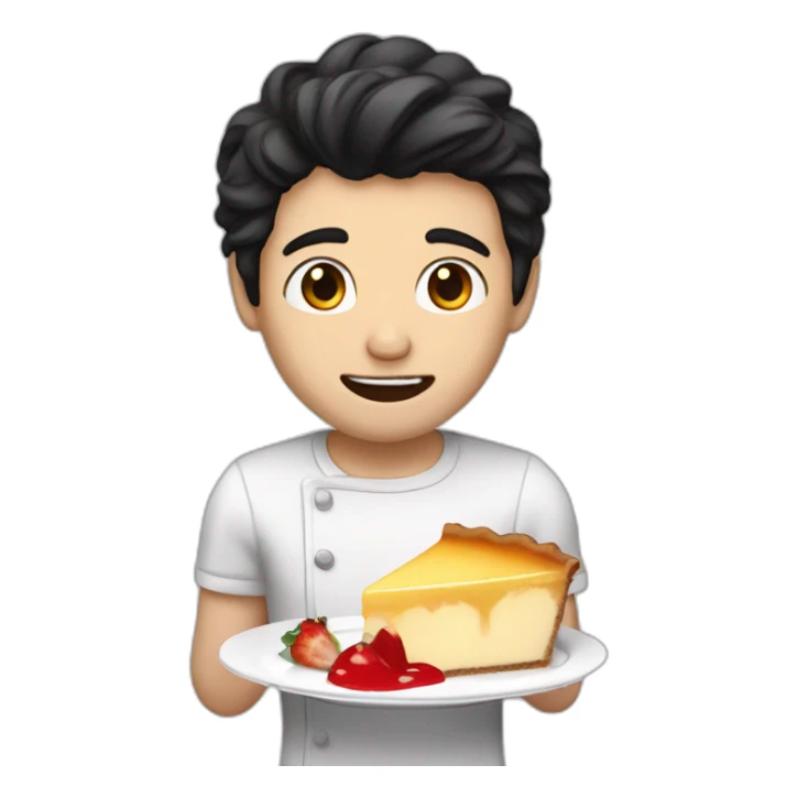 a guy whith black hair white skin eating a flan patissier sticker