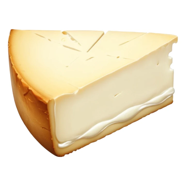 soft brie cheese wedge, creamy off-white center, white bloomy rind, smooth slightly oozing near edge, thick velvety crust, soft rich core, no extras, soft lighting, subtle shadows, emoji scale sticker