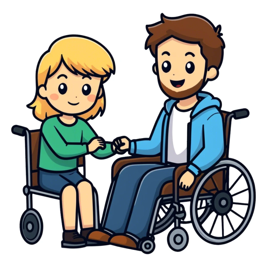 Single Brown haired Boy in wheelchair with a beard with single long blonde haired mom pushing sticker