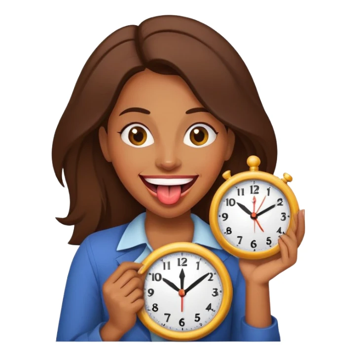 Brown woman sticking out her tongue holding a clock sticker