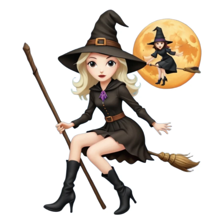 Tall thin witch on a broomstick wearing very high heeled boots sticker