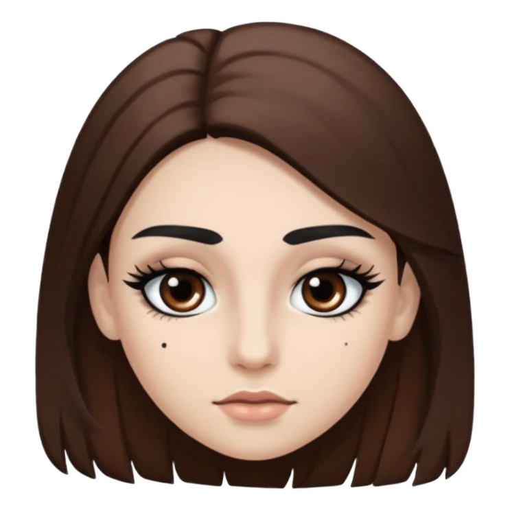 Eye black and big, eyelashes long, eyebrows black, skin white, and so beautiful hair long and brown skin tone white,hair brown and long and some brown sticker