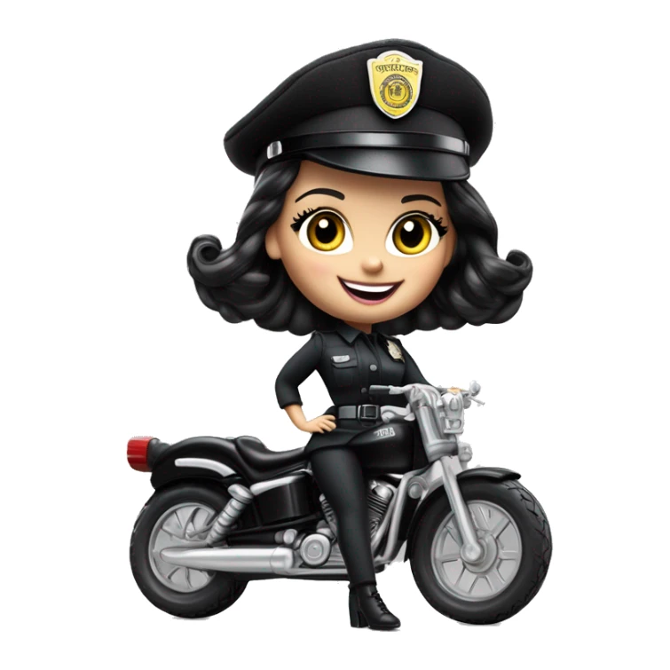 Bouclé Beauty Barbie, Wednesday Addams from academy, in vertically-striped dark-gray and black police officer’s uniform with small hat. Leaning back at the hips, riding a wheelie on a hot rod bike smiling  sticker