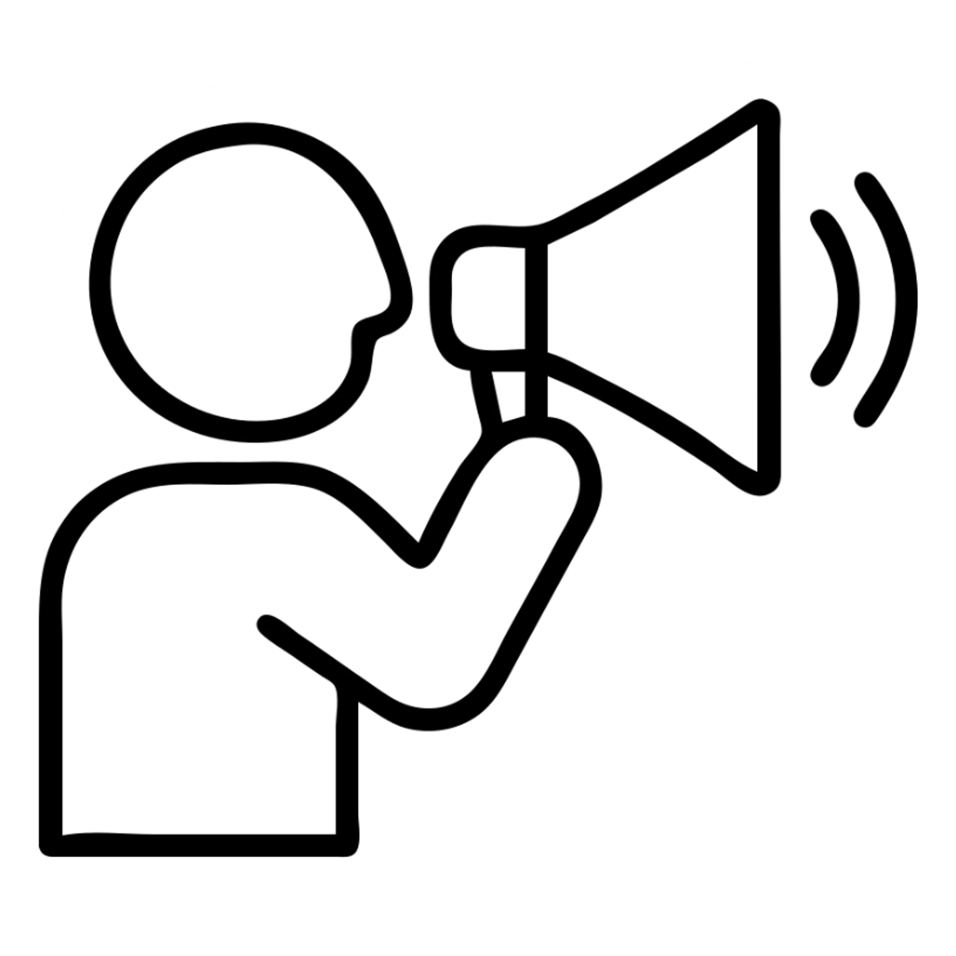 A person speaking loudly with a megaphone in hand, white outline on transparent background sticker