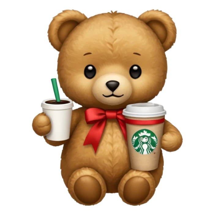 smooth texture teddy bear with red ribbon and starbucks coffee sticker
