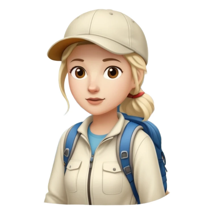 woman hiking on mountain trail cream clothes baseball cap sticker