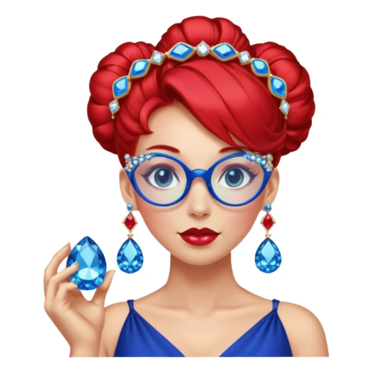 gem lover woman with gem accessories excessive amount gem glassess very big gem earrings red bun hair and redbluediamonds sticker