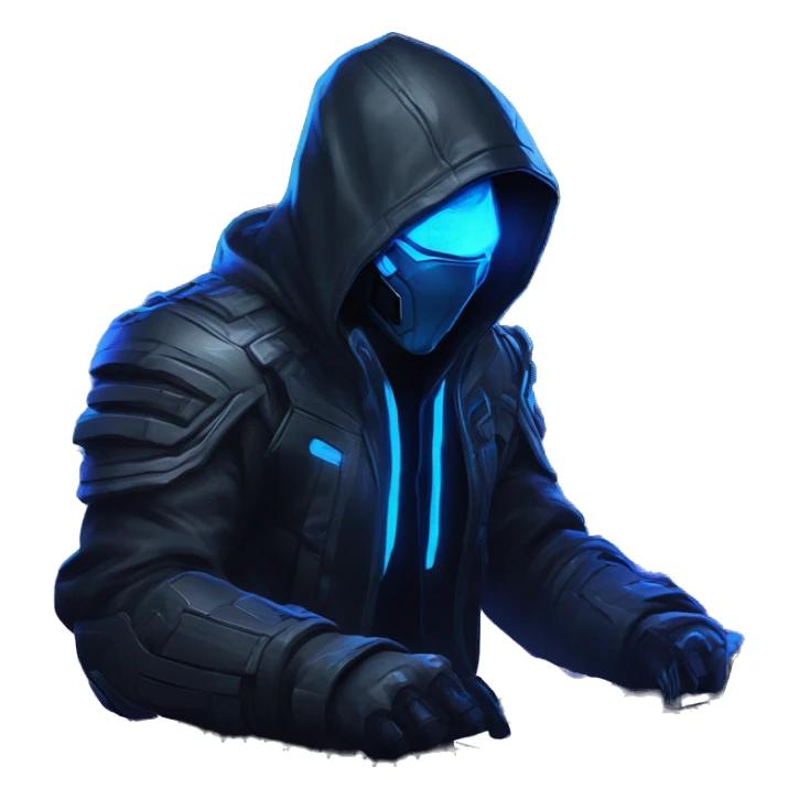 developer behind his laptop with this style : crysis Cyberpunk Riot Games Valorant neon glowing bright blue character blue black hooded assassin themed character sticker