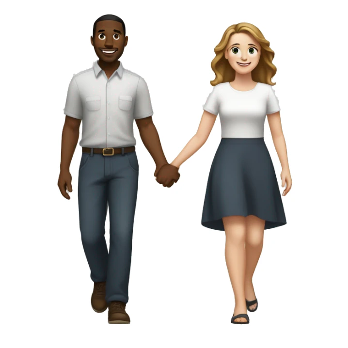 A black man  with medium hair and a white woman with  brown hair holding hands and walking side by side, smiling and enjoying their time together sticker