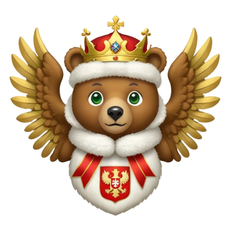 Cute brown bear head with green eyes, wearing white fur ushanka hat with Russian coat of arms: golden double-headed eagle with spread wings, three crowns connected by ribbon, scepter in right claw, orb in left claw, red shield on chest with St. George slaying dragon, iOS emoji style sticker