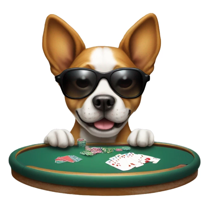 Dog playing poker at poker table, wearing shades, holding 2 cards sticker