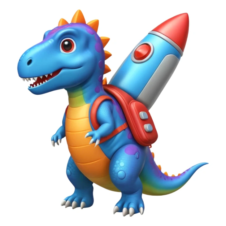 cute toy-like rocket-propelled dinosaur, rounded shapes, glossy texture, colorful rocket backpack, happy expression, 3D cartoon, mobile game icon style, clean background, no text, no watermark
 sticker