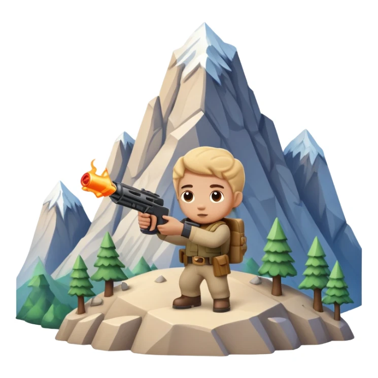 Little character holding a toy gun aiming at a mountain with tiny figures on it sticker