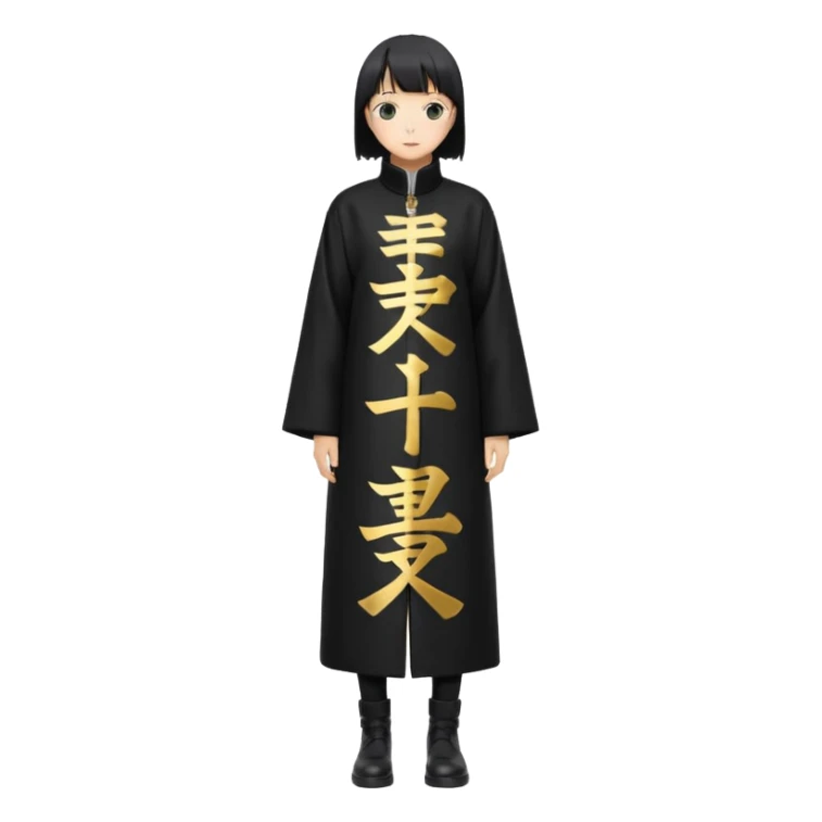 A long black anime style coat with a straight silhouette, reaching below the knees. On the center of the back, bold vertical golden Japanese kanji characters are printed glowing slightly against the dark background. The coat has a high collar and long sleeves. sticker