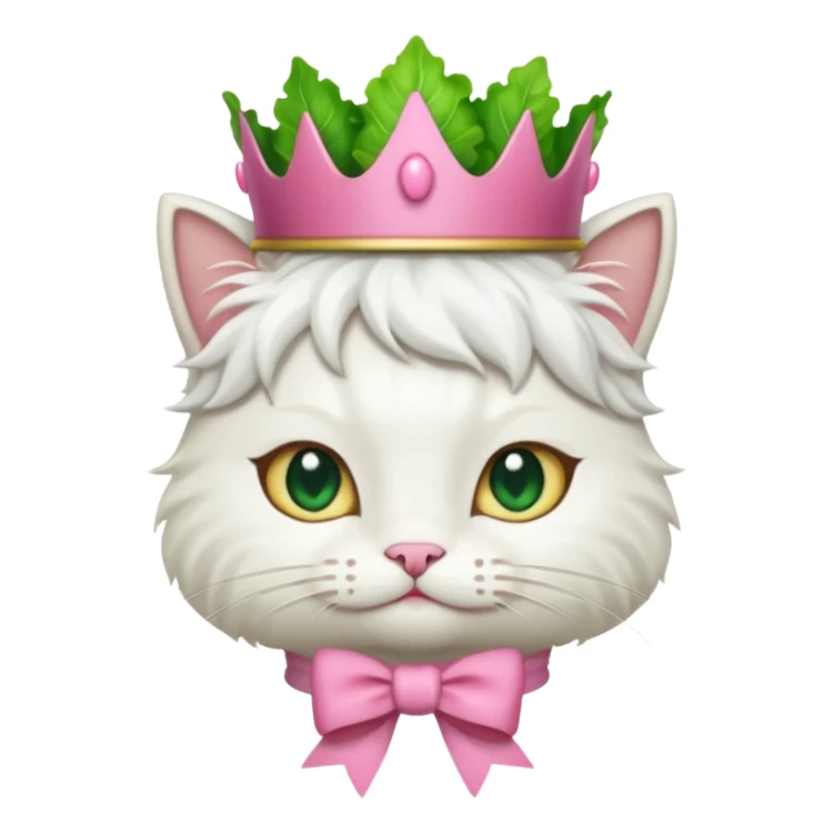 white cat with pink bow on neck and green lettuce crown, emoji style sticker