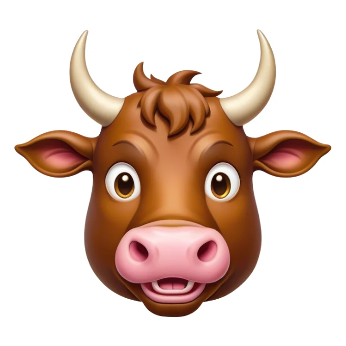 Cinematic Comical Domestic Bull Portrait Emoji, Head tilted dramatically with an exaggeratedly amused expression, featuring a striking, glossy coat with boldly defined horns and wide, expressive eyes brimming with playful disbelief, Simplified yet hilariously expressive features, highly detailed, glowing with a slightly sassy, earthy glow, high shine, dramatic yet playful, stylized with an air of cheeky rural mischief, soft glowing outline, capturing the essence of a spirited and over-the-top domestic bull that looks ready to charge its way into internet fame instantly! sticker