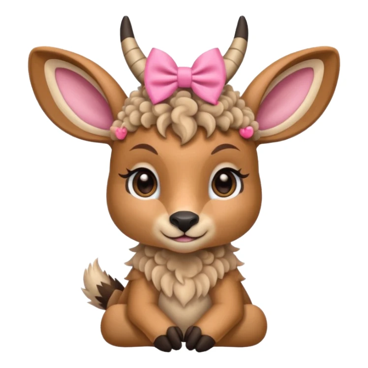 cute gazzelle with curly fur, sitting down, wearing a pink bow on its head. Realistically  sticker