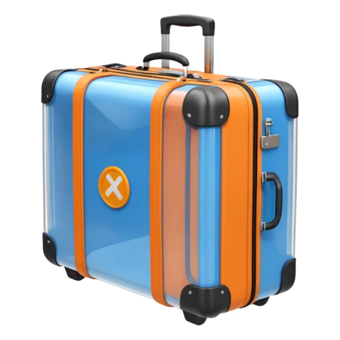 3D render of Suitcase Scan, X-Ray imaging aesthetic, translucent materials showing internal structure, orange and blue airport security style scan of a bag, medical scan style, emoji style, isolated on white background --v 6.0. sticker