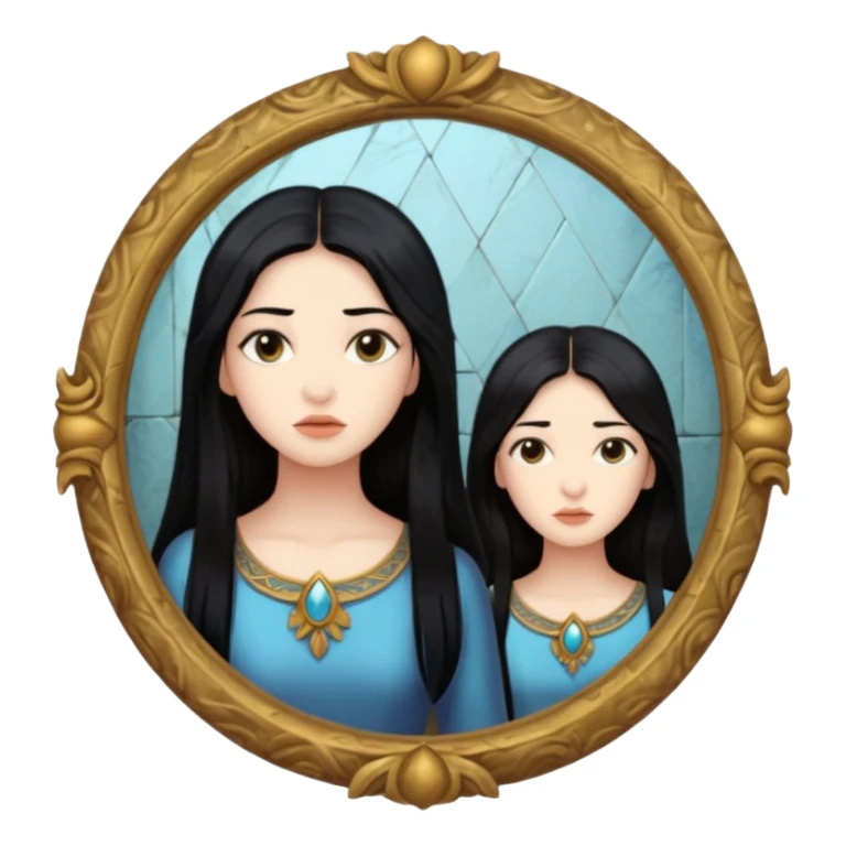 Woman facing ancient mirror, reflection slightly delayed and darker sticker