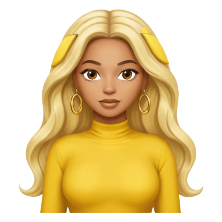 Beyonce with platinum blonde long hair, yellow outfit and earring sticker