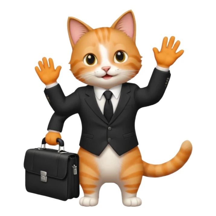 happy cat wearing a tie and carrying a briefcase, waving sticker