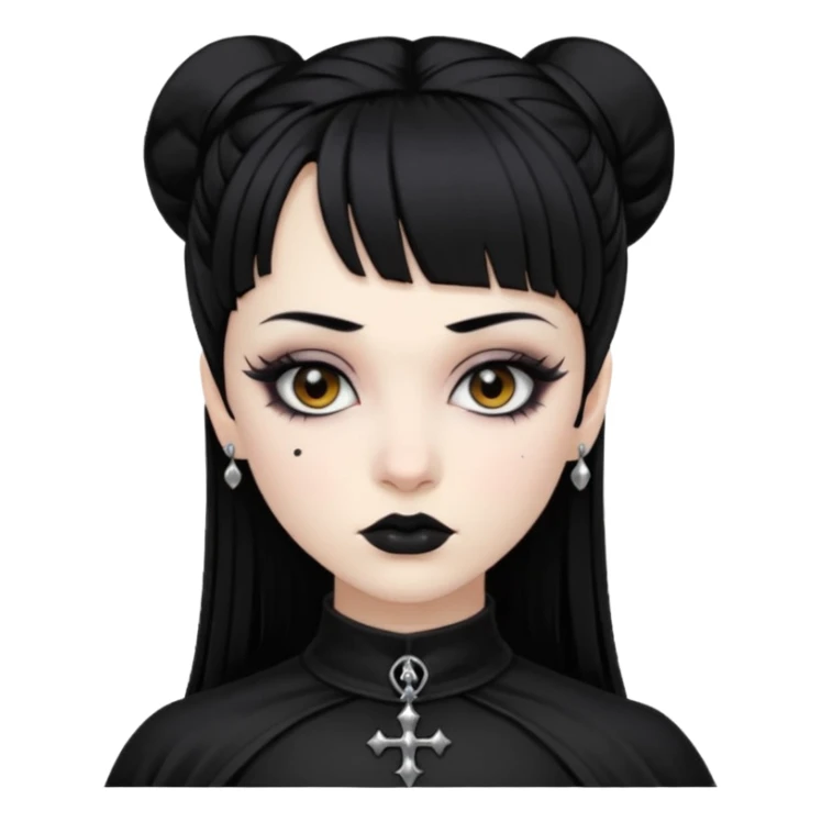 Faça uma moça de cabelo preto e micro franja pálida e com maquiagem gótica pesada olhos castanhos escuro  sticker