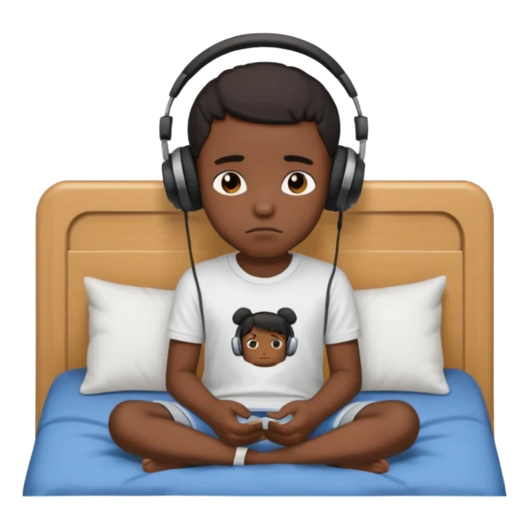 Sad black kid with headphones on sitting on a bed sticker