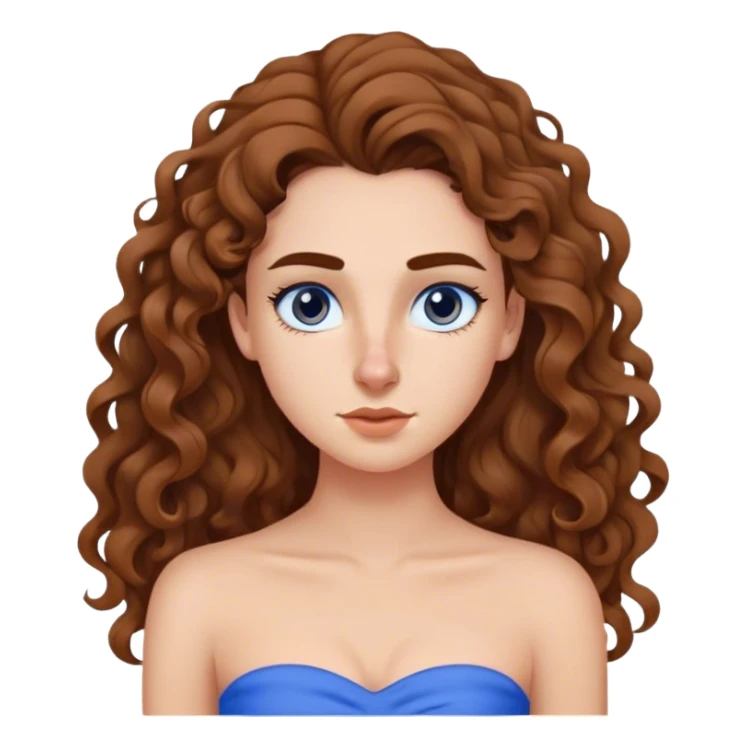 menina branca de cabelo cacheado castanho longo,  com nariz fino e empinado  com uma blusa tomara que caia azul ,sobrancelhas marcantes sticker