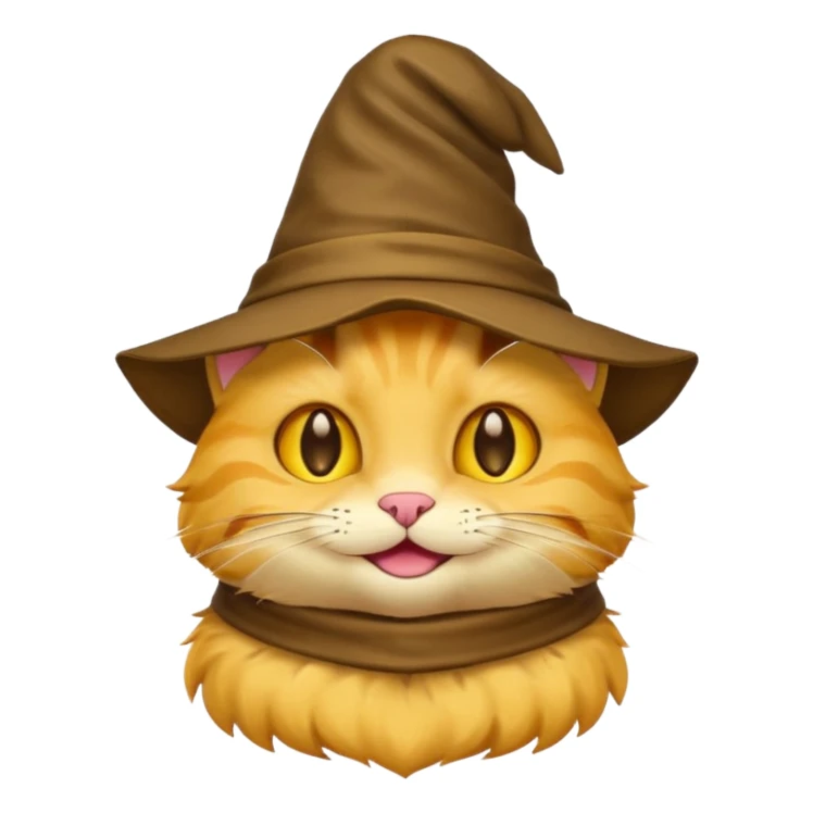 Very low detail Simple yellow cat emoji wearing a sorting hat sticker
