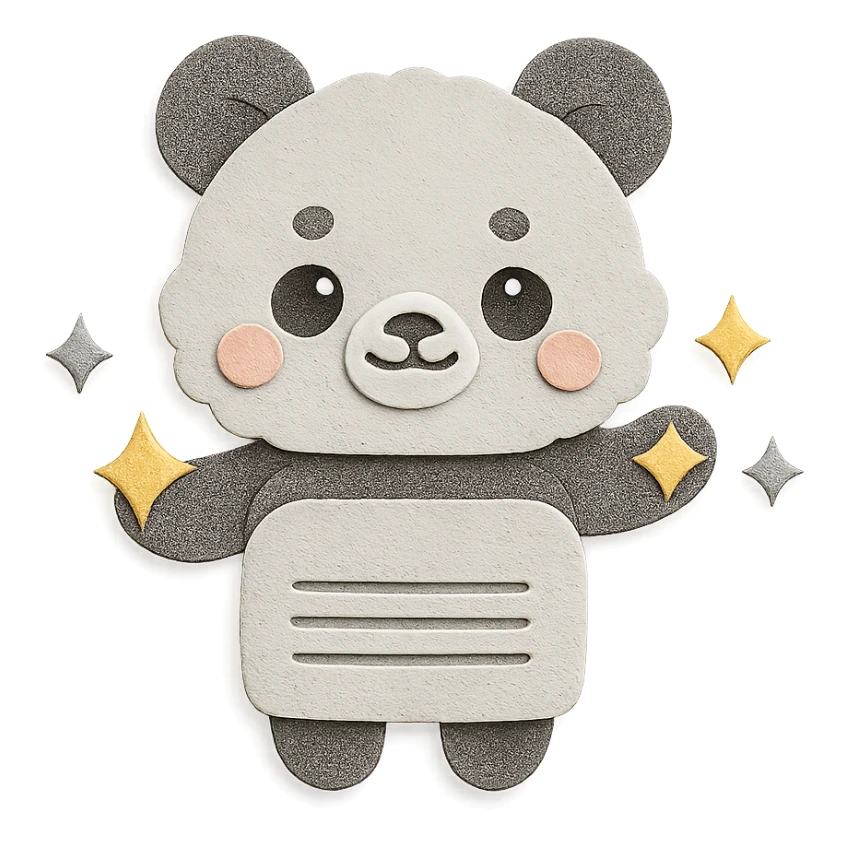 chibi air purifier-panda hybrid, fluffy, cleaning dust with sparkling paws, soft grey pastel, full-body sticker