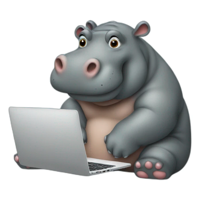 Hippo looking at a laptop sticker
