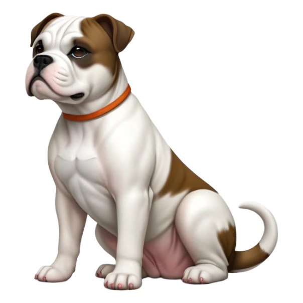 cinematic-[american bulldog]-realistic-full-body-sitting-emoji,-tail-resting-loosely-beside-its-paws,-head-tilted-dramatically,-sleek-[pied black]-fur,-simplified-yet-realistic-focused-features,-highly-detailed,-glowing-with-an-almost-sarcastic-glow sticker
