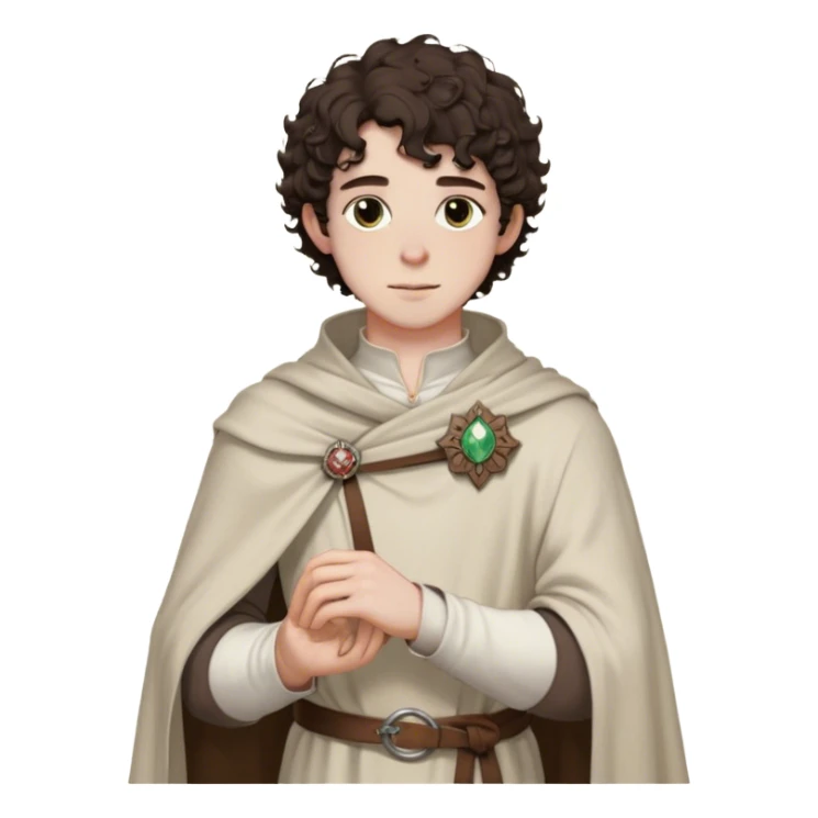 medieval spring outfit worn by a DnD themed fantasy male character. thin wool tunic with a light cloak draped over one shoulder, secured by a wooden brooch. clothes only above the waist. The clothes full waist. The character's haven't arms. character is white-skinned, dark brown hair, hazel eyes, short curly hair. sticker