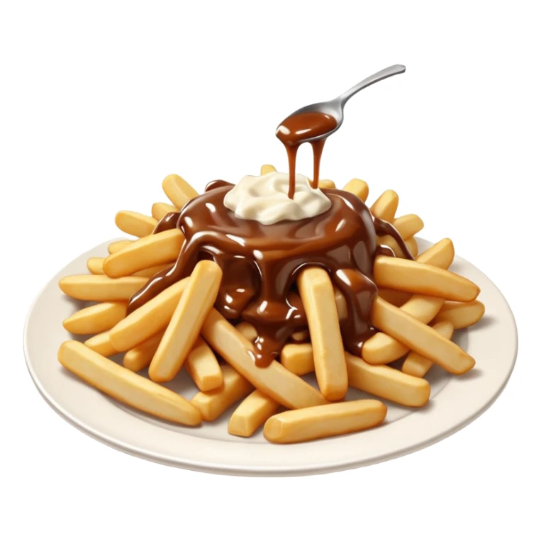 poutine, québec, white cheese curds with gravy on fries in a white plate sticker