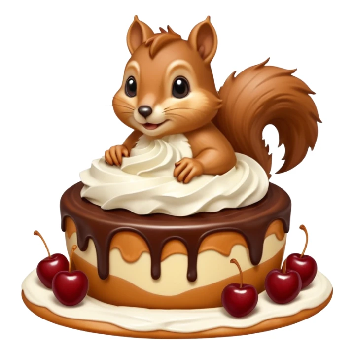 A large caramel custard decorated with chocolate and almonds to resemble a squirrel. Whipped cream with streaks of chocolate forms the shape of the squirrel's tail. It is topped with a cherry. sticker