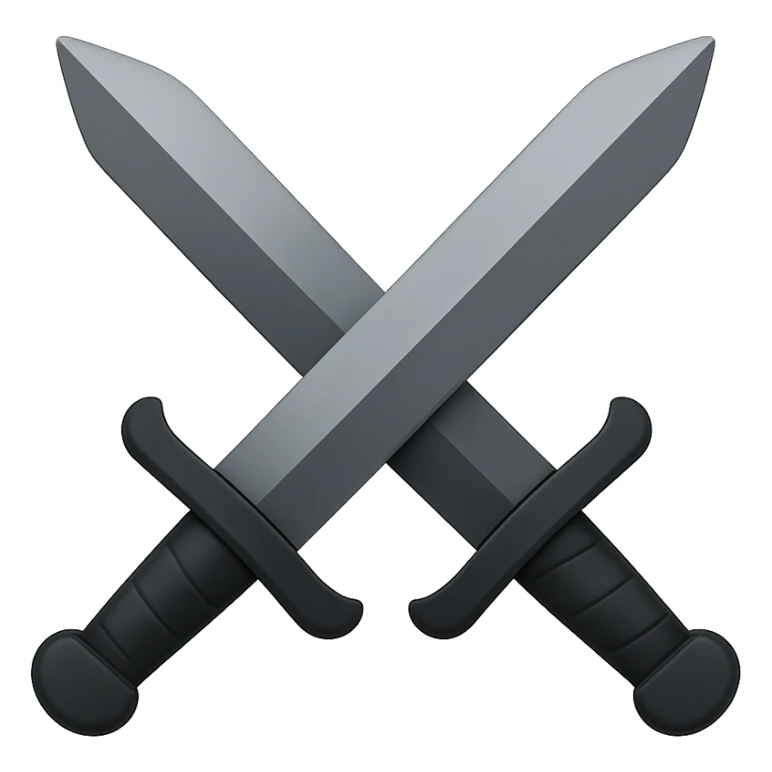 Create dual swords similar to the reference image but with black and grayish colors. The swords should be pointing upward and be wider. The style should emulate emoji style with concise details. sticker