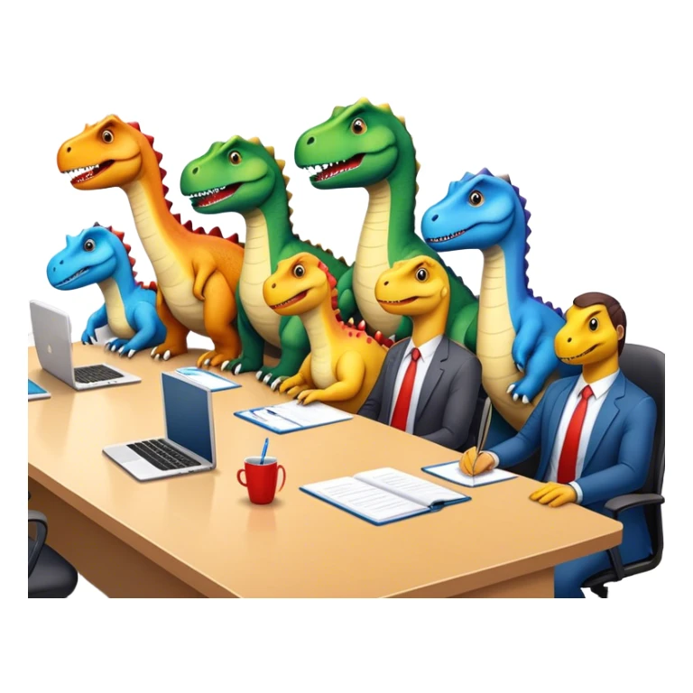 different office dinosaurs sitting along the conference table sticker