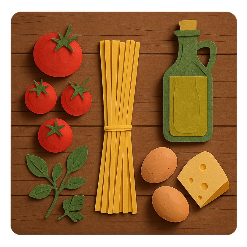 A realistic top-down view of a wooden kitchen table with various common ingredients neatly arranged (like tomatoes, pasta, eggs, cheese, herbs, olive oil). The background should be dark and soft to match a modern app interface. Lighting should highlight the ingredients naturally, with soft shadows. No text, no hands, minimalistic but warm and homely, like a mobile UI background for a cooking app. sticker