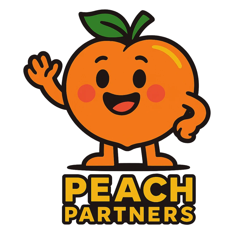 friendly peach mascot for 'Peach Partners' logo, vibrant toon style, vibrant colors, cheerful expression sticker