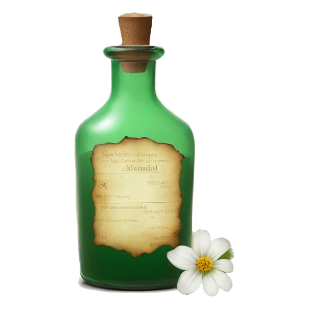 Mysterious Alchemical vintage glass potion bottle, exquisite bottle shape, old and shabby, with label, stylish and minimalistic, brown and shabby-green, oil potion is poured out of the bottle, herbal, flowers and oil is spilled next to it sticker