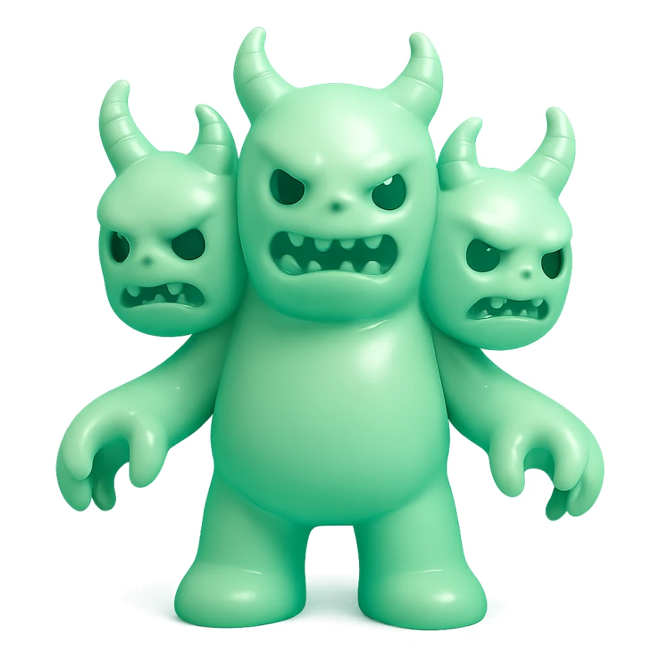 terrifying monster with multiple heads, twisted horns, clawed hands, eerie green glow, vinyl figure style sticker