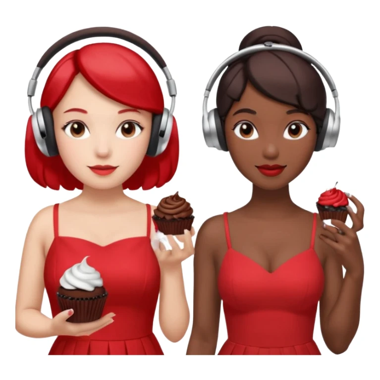 4–5 women at a listening party with a red and silver dress code. One holds a dark chocolate cupcake. Two wear over-ear headphones like AirPods Max. Indoor event lighting, modern and metallic vibe. sticker