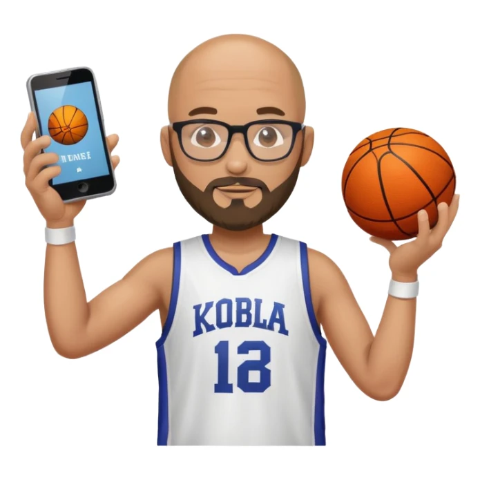 a bald bearded engineer with glasses wearing a kobe jersey with a phone in 1 hand and spinning a ball on the other sticker