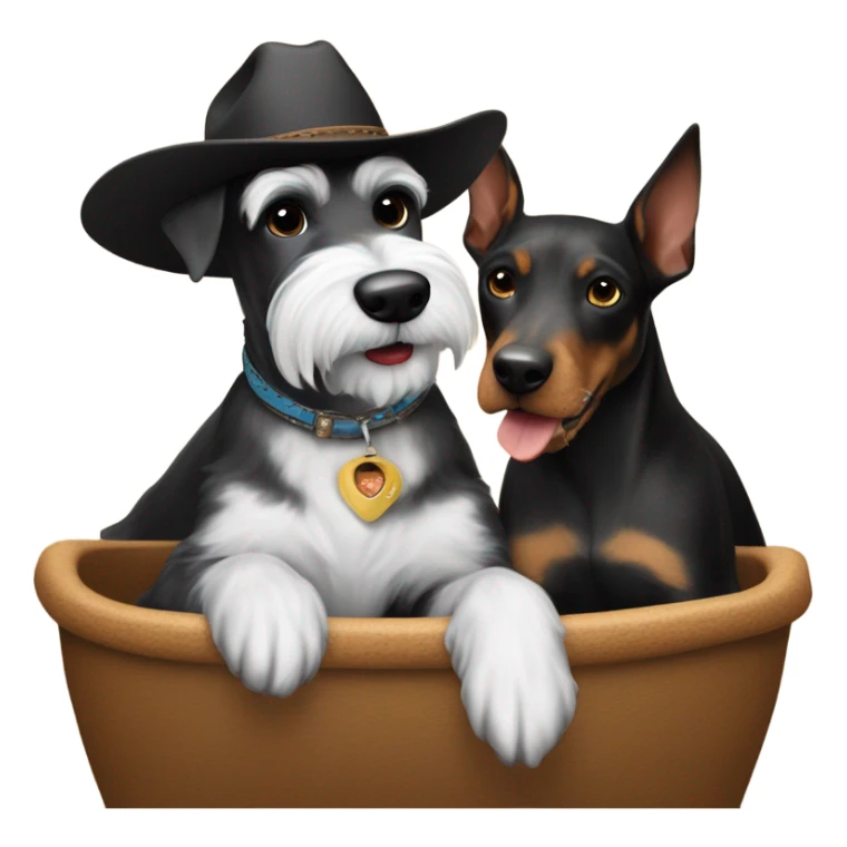 White and black Miniature schnauzer being ridden by a Doberman pincher wearing a cowboy hat sticker